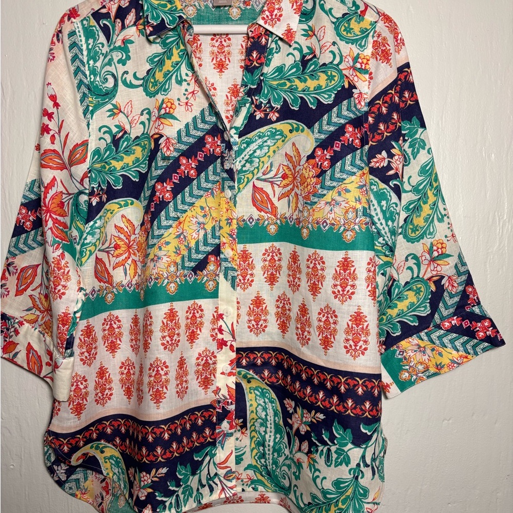 Chico's Boho linen Button Down Artsy Relaxed Flowy Floral & Paisley Shirt Sz L